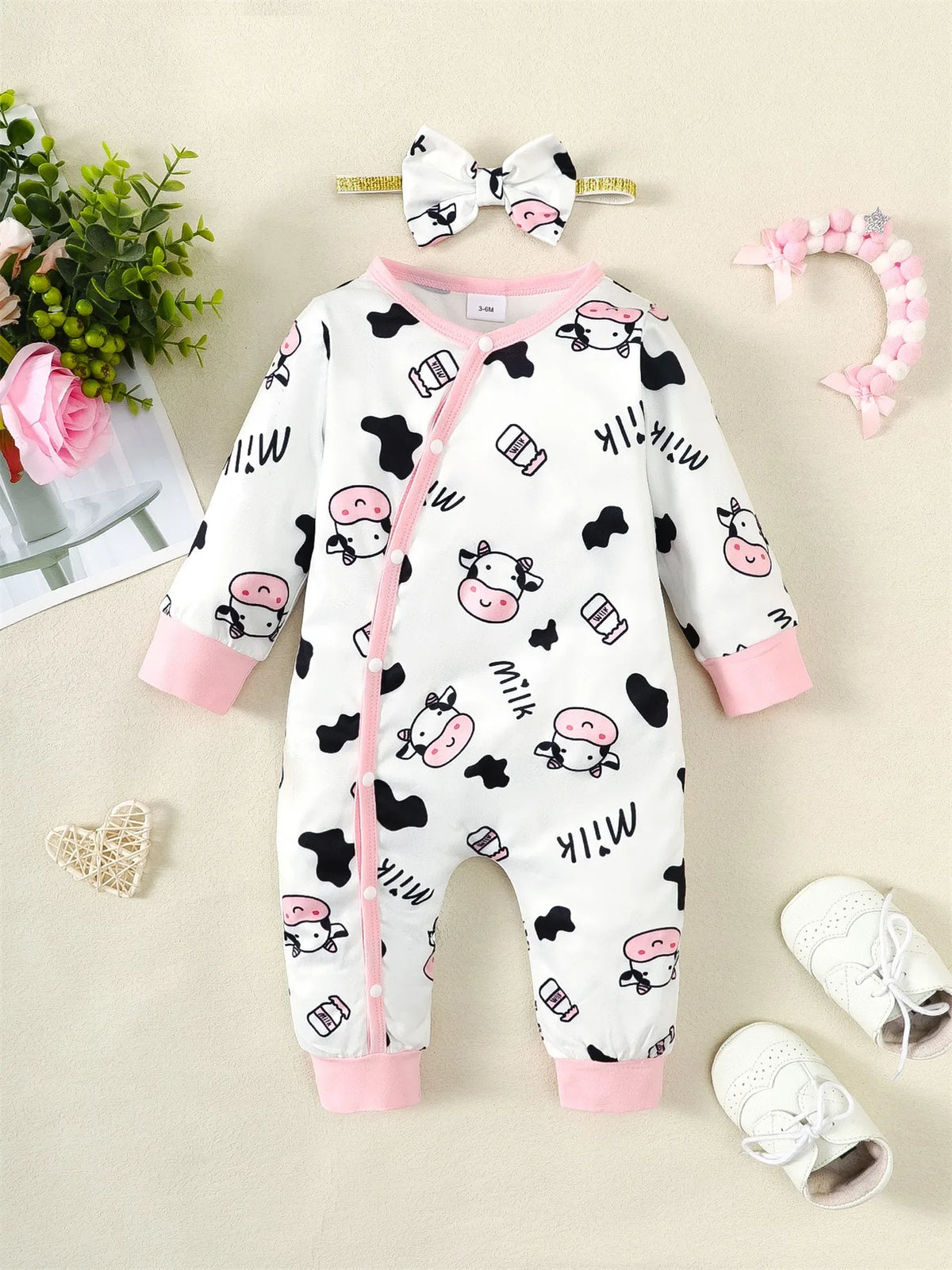 Cow Print Baby Jumpsuit 2Pcs Set with Headband - Halloween & Casual Romper