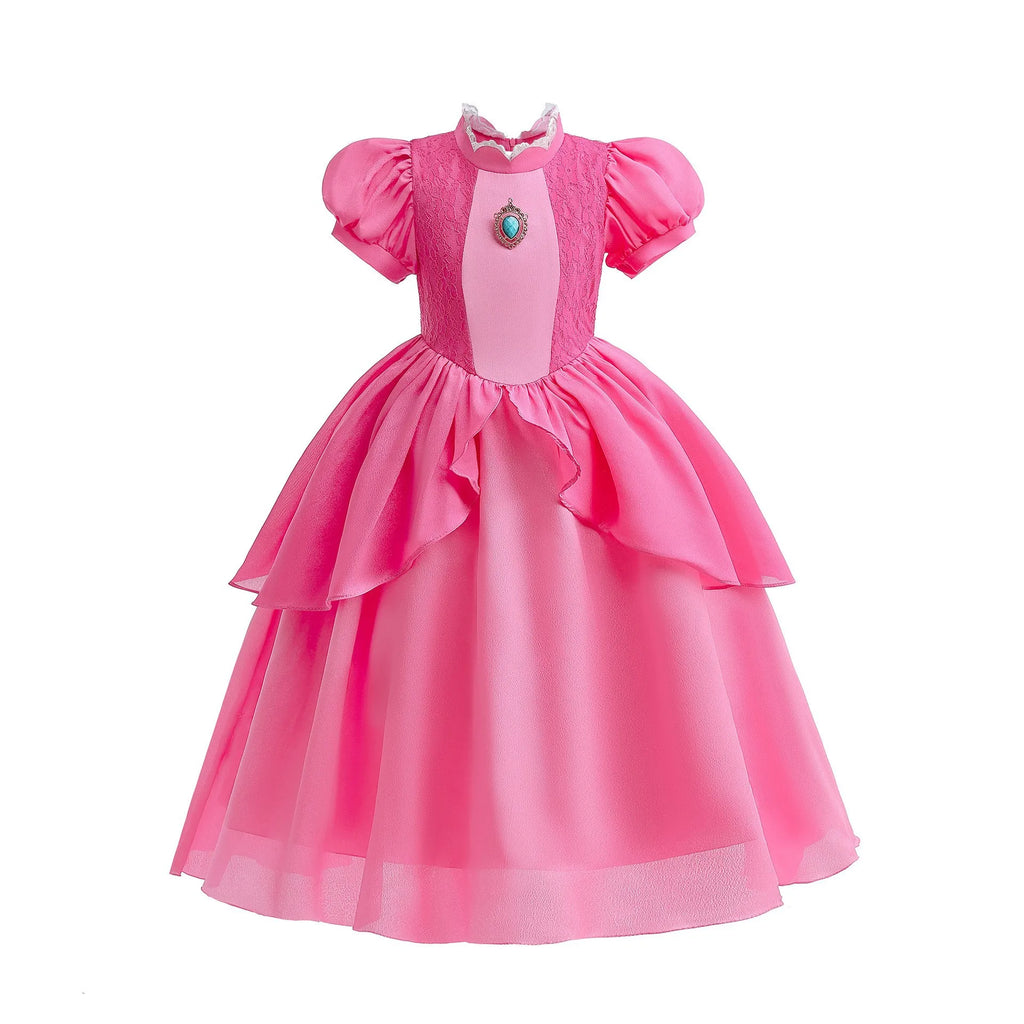 Peach Princess Dress Girls Rose Red Lace Cosplay Dress Kids Vestidos Party Dresses Carnival Halloween Costume for 3-11 Years