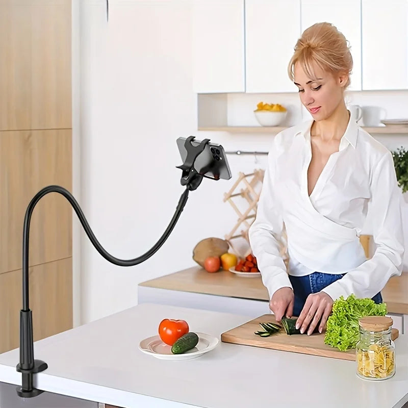 Lazy man's bedside table phone holder with flexible long arm, swivel headrest, and handle, adjustable height