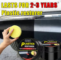 A hand holds a yellow sponge against a black car door, with two black tubs of CTHK Plastics Restorer shown in the foreground and large promotional text reading 'LASTS FOR 2-3 YEARS Plastic restorer' across the top.
