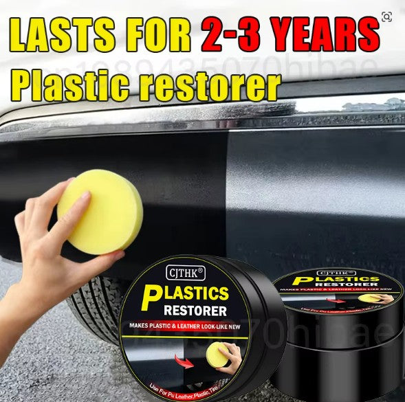 A hand holds a yellow sponge against a black car door, with two black tubs of CTHK Plastics Restorer shown in the foreground and large promotional text reading 'LASTS FOR 2-3 YEARS Plastic restorer' across the top.