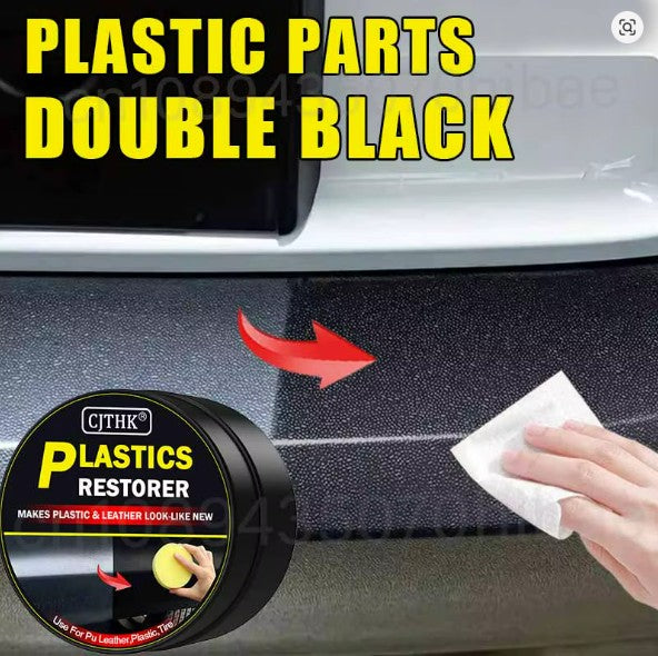 A hand is wiping a black textured surface with a white cloth, with large text reading 'PLASTIC PARTS DOUBLE BLACK' and a round product jar labeled 'CITRK PLASTICS RESTORER' shown in the lower left.