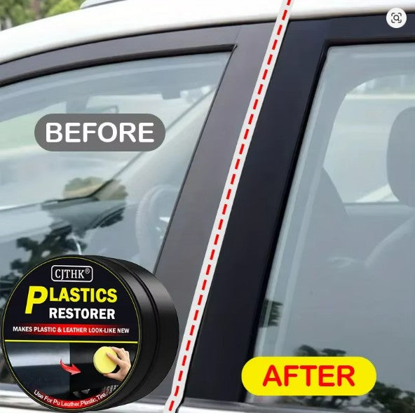 A before-and-after comparison showing a car window trim area, with a red dashed line separating the old plastic section from the restored section. A product tin labeled 'CFTHK PLASTICS RESTORER' appears in the lower left, with 'BEFORE' and 'AFTER' text overlays.