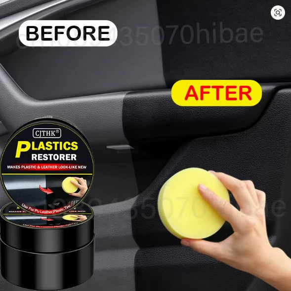 A hand holds a yellow sponge against a black car interior headrest, with a large 'AFTER' label and a small product jar shown at lower left. The image includes 'BEFORE' and 'AFTER' callouts and appears to demonstrate a plastic restorer product.