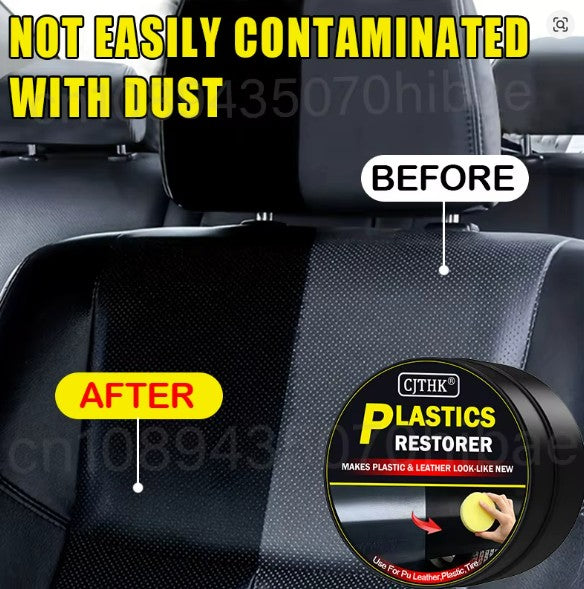A car seat backrest shown with a before-and-after comparison, featuring yellow text reading 'NOT EASILY CONTAMINATED WITH DUST' and labels 'BEFORE' and 'AFTER.' A circular product inset shows a black tin labeled 'CITHK PLASTICS RESTORER.