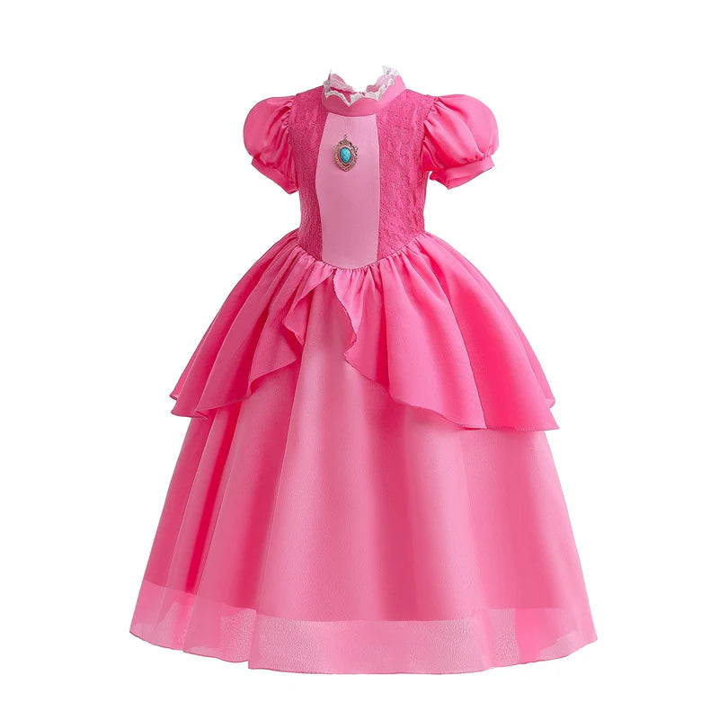 Peach Princess Dress Girls Rose Red Lace Cosplay Dress Kids Vestidos Party Dresses Carnival Halloween Costume for 3-11 Years