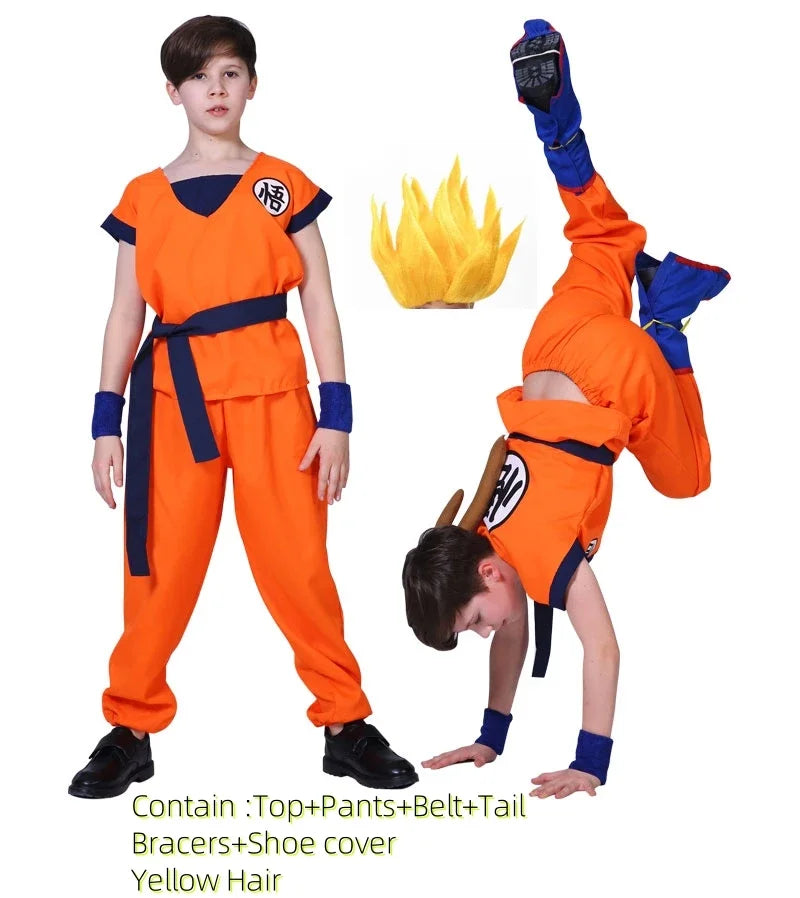 Kids & Adult Anime Warrior Cosplay Costume – Orange Martial Arts Suit with Tail, Wristbands & Spiky Wig, Halloween Party Costume