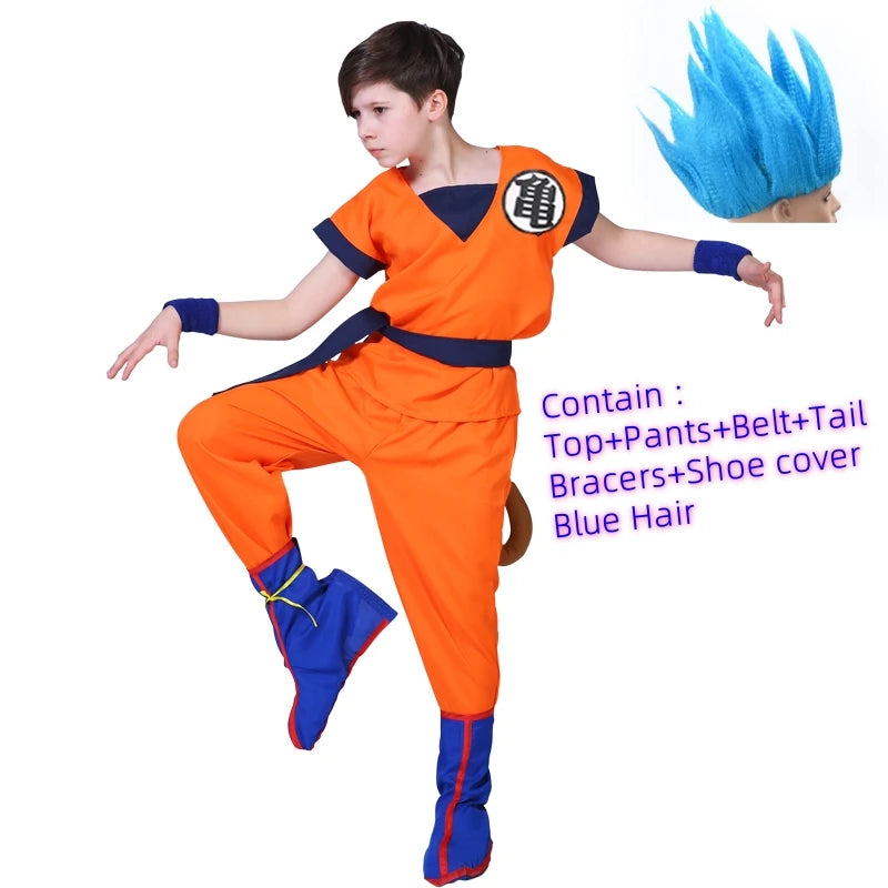 Kids & Adult Anime Warrior Cosplay Costume – Orange Martial Arts Suit with Tail, Wristbands & Spiky Wig, Halloween Party Costume