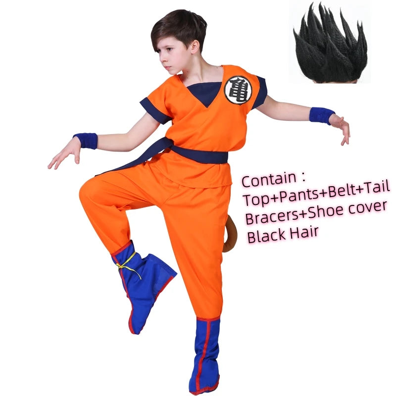 Kids & Adult Anime Warrior Cosplay Costume – Orange Martial Arts Suit with Tail, Wristbands & Spiky Wig, Halloween Party Costume