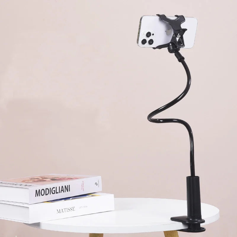 Lazy man's bedside table phone holder with flexible long arm, swivel headrest, and handle, adjustable height
