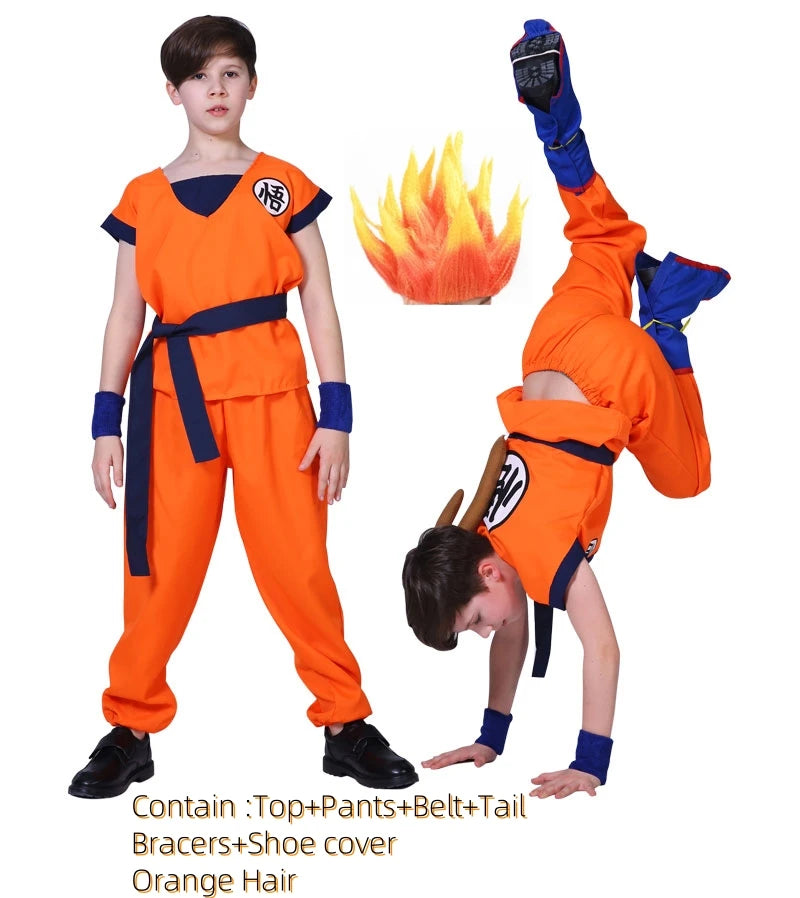 Kids & Adult Anime Warrior Cosplay Costume – Orange Martial Arts Suit with Tail, Wristbands & Spiky Wig, Halloween Party Costume