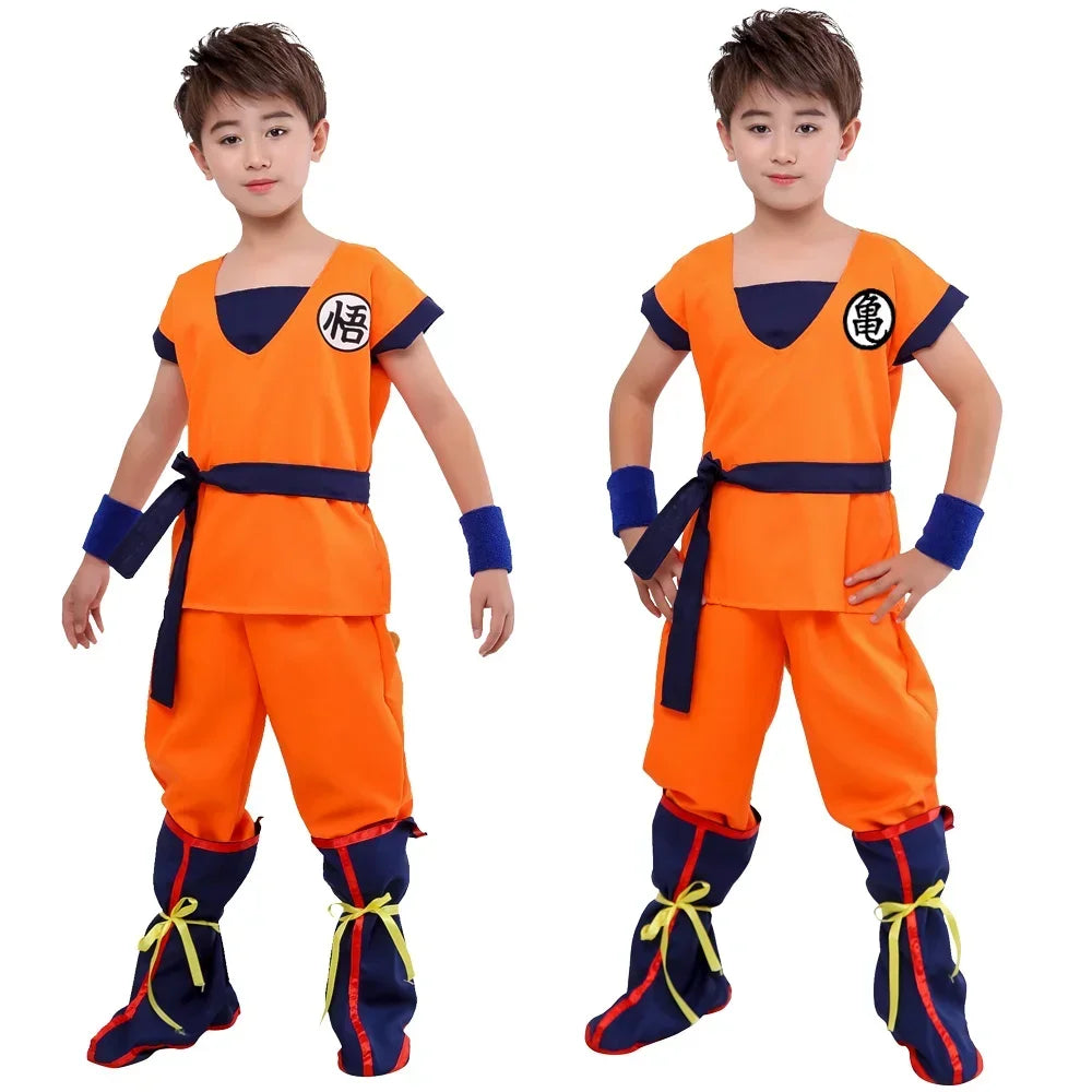 Kids & Adult Anime Warrior Cosplay Costume – Orange Martial Arts Suit with Tail, Wristbands & Spiky Wig, Halloween Party Costume