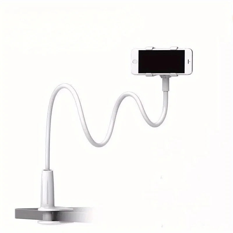 Lazy man's bedside table phone holder with flexible long arm, swivel headrest, and handle, adjustable height