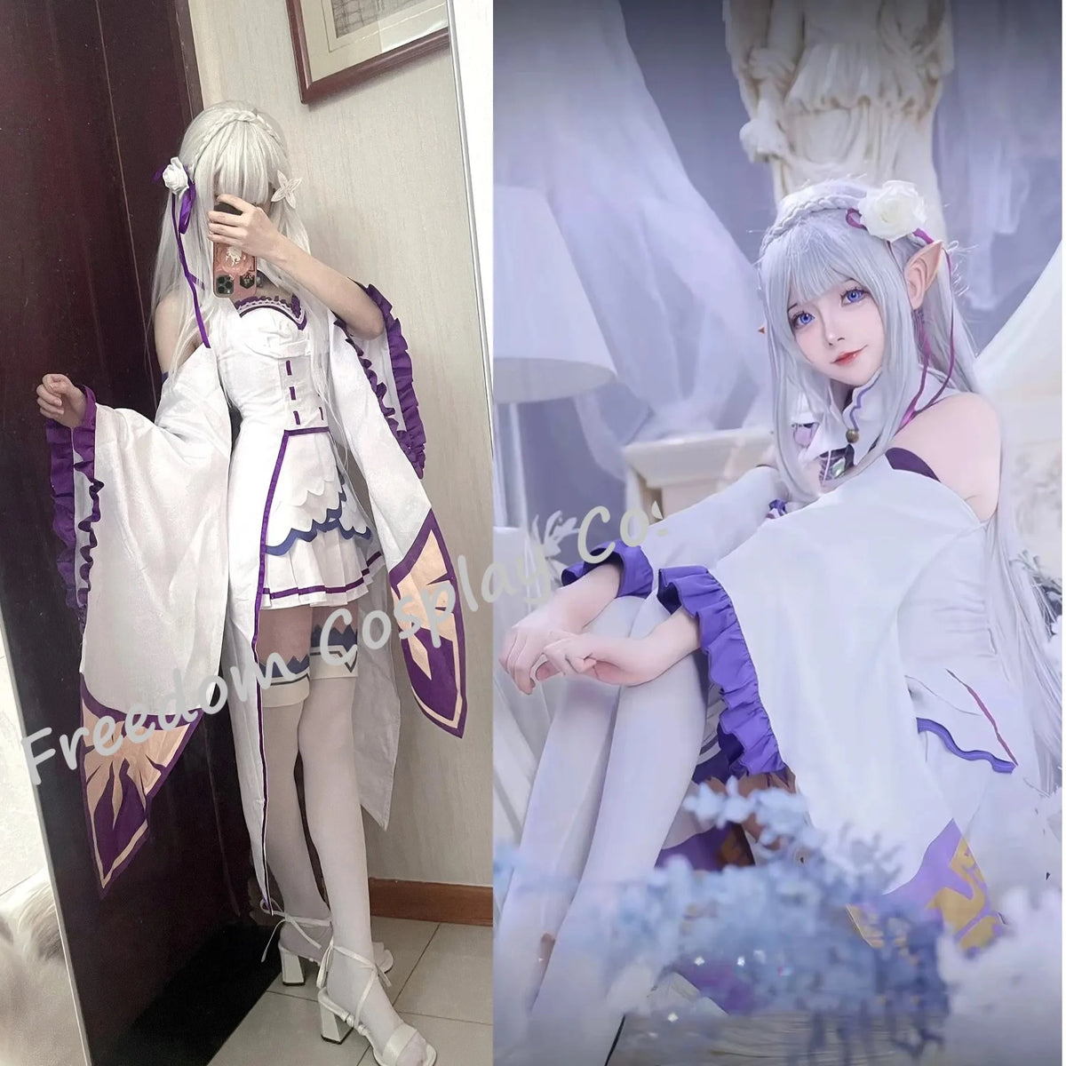 Emilia Inspired Cosplay Costume Set – Cloak, Wig & Maid Uniform Outfit for Women, Halloween & Anime Party