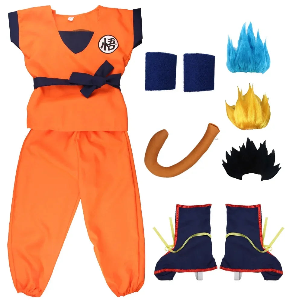 Kids & Adult Anime Warrior Cosplay Costume – Orange Martial Arts Suit with Tail, Wristbands & Spiky Wig, Halloween Party Costume