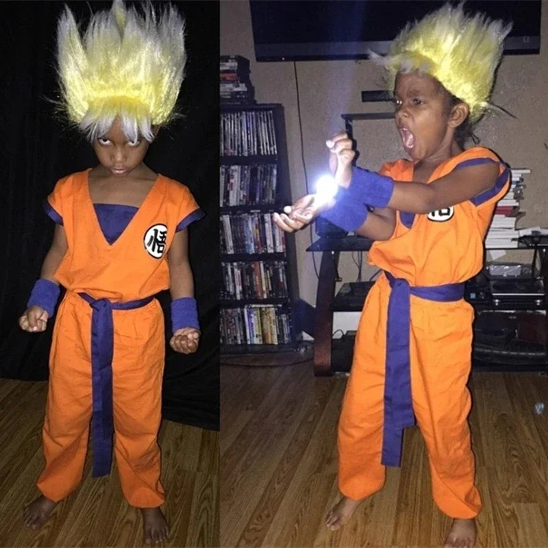 Kids & Adult Anime Warrior Cosplay Costume – Orange Martial Arts Suit with Tail, Wristbands & Spiky Wig, Halloween Party Costume